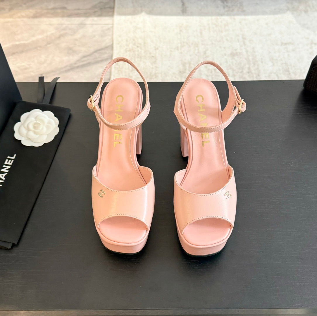CHANEL HIGH HEEL PLATFORM SANDALS IN PEACH PINK CALFSKIN