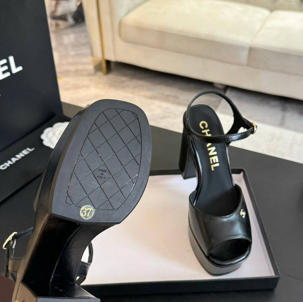 CHANEL HIGH HEEL PLATFORM SANDALS IN BLACK CALFSKIN