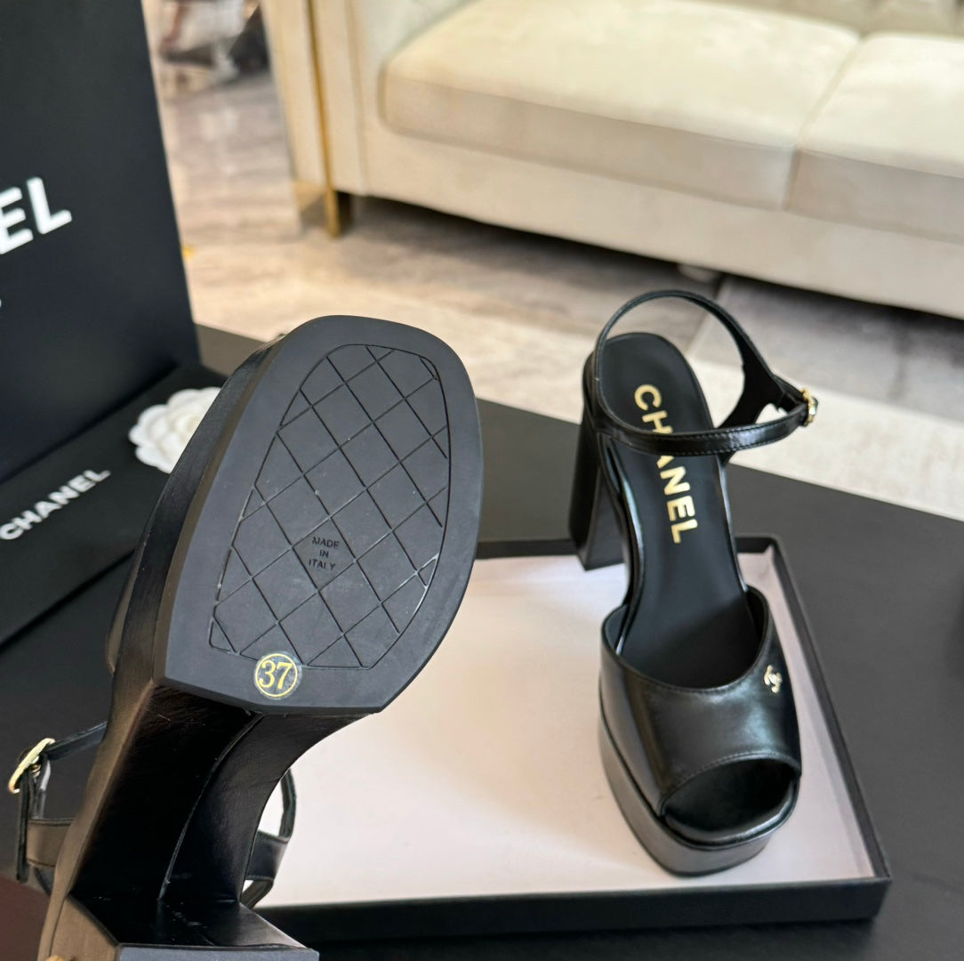CHANEL HIGH HEEL PLATFORM SANDALS IN BLACK CALFSKIN