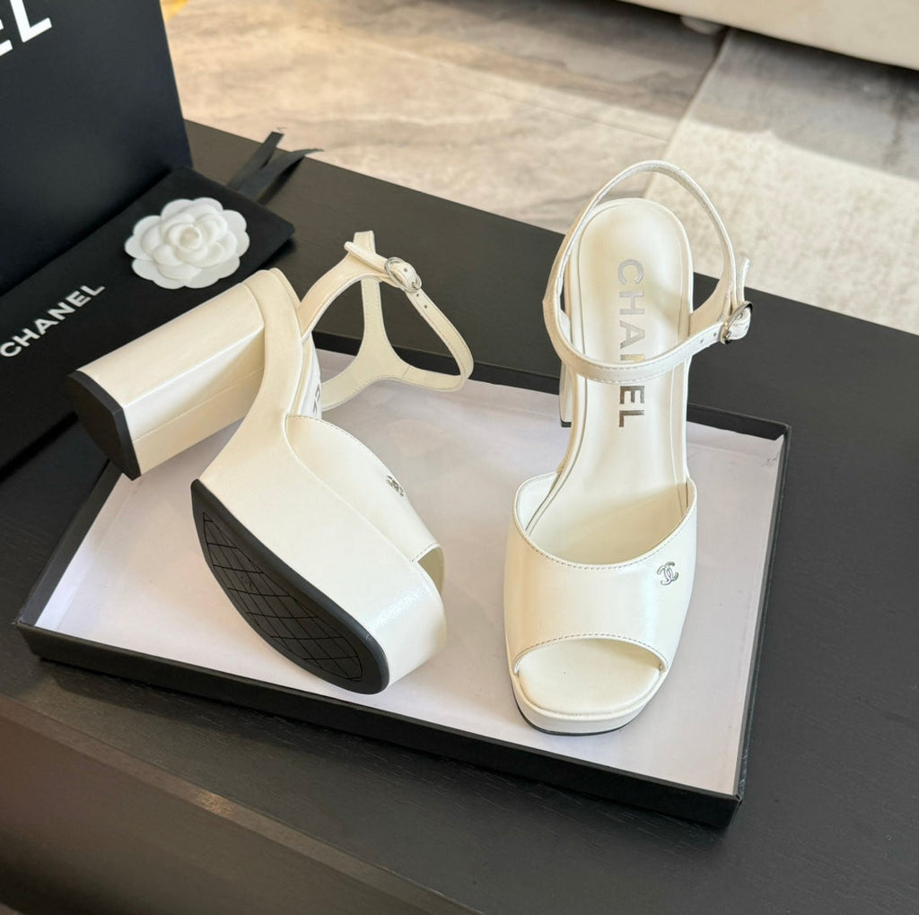 CHANEL HIGH HEEL PLATFORM SANDALS IN WHITE CALFSKIN