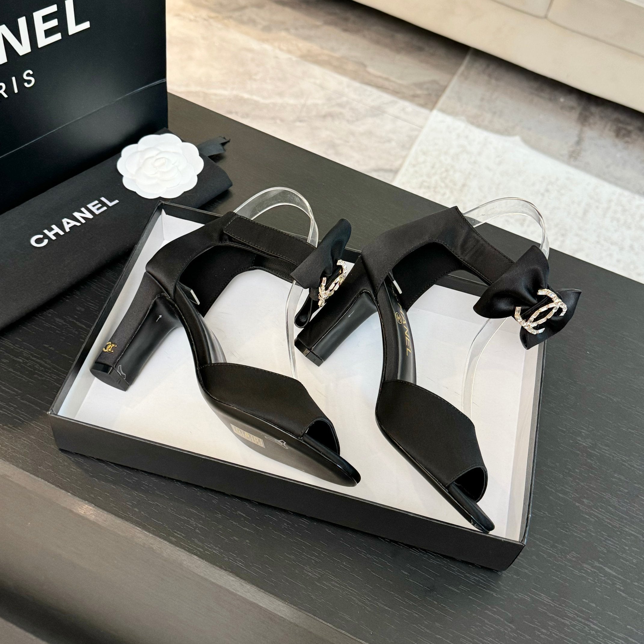 CHANEL HIGH SANDAL OPEN TOE IN BLACK SATIN