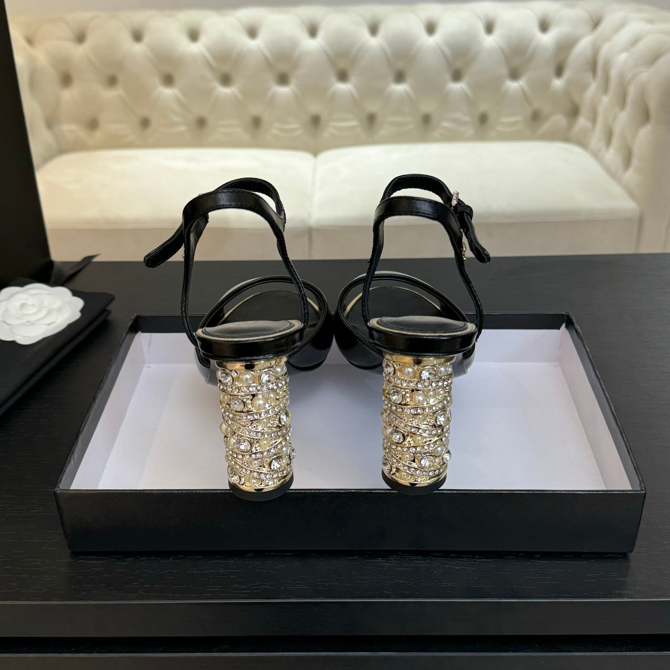 CHANEL T-STRAP PEARL HEEL 85 MM SANDALS IN BLACK LAMBSKIN