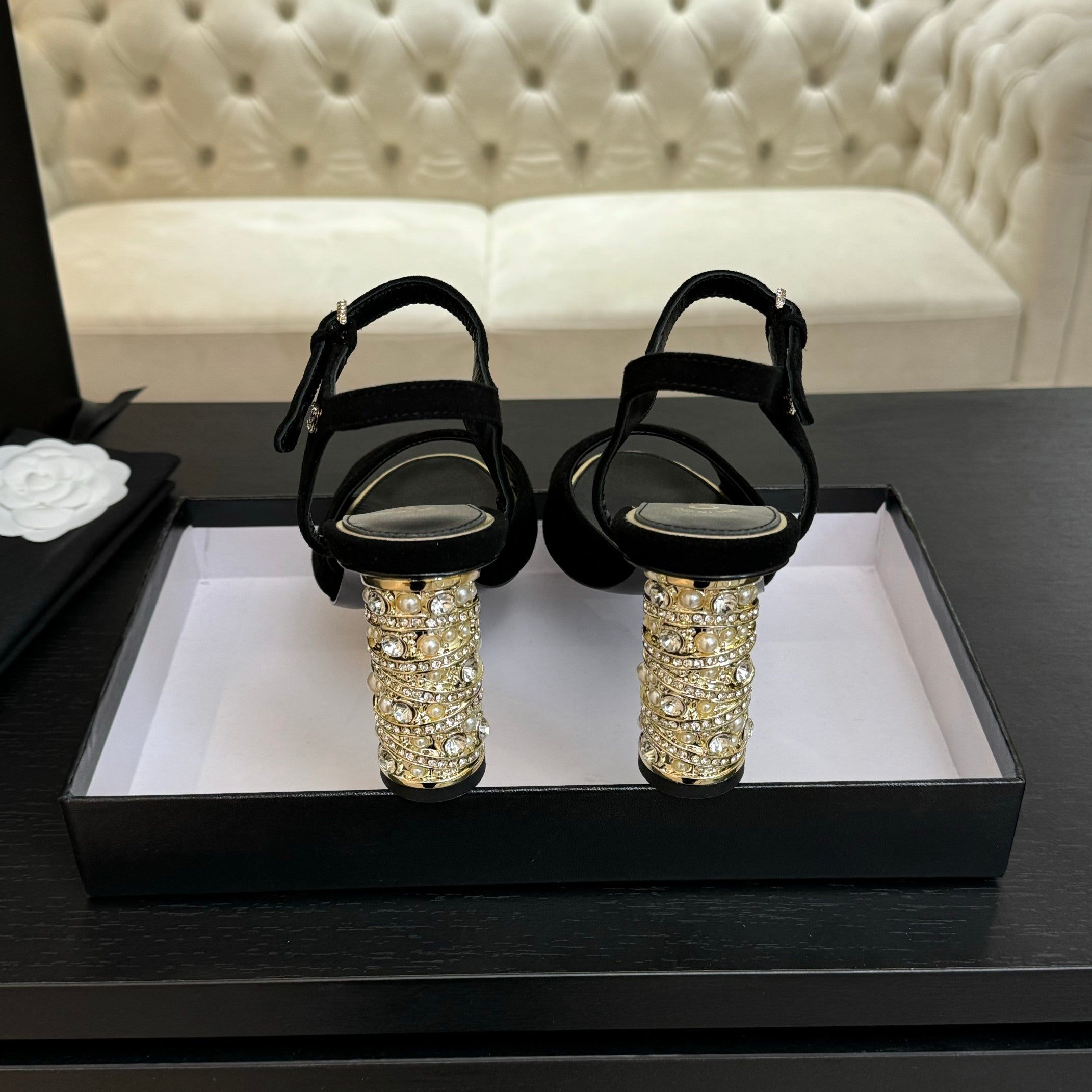 CHANEL T-STRAP PEARL HEEL 85 MM SANDALS IN BLACK SUEDE