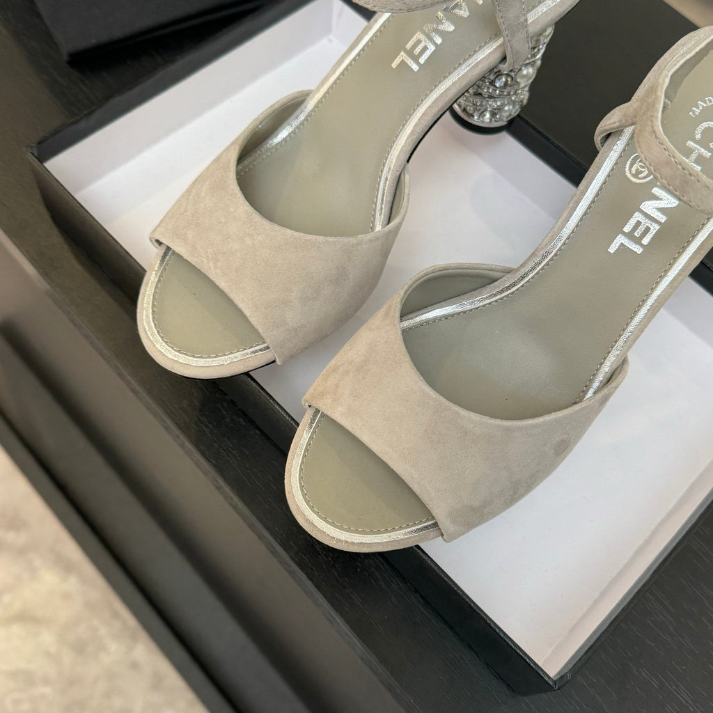 CHANEL T-STRAP PEARL HEEL 85 MM SANDALS IN PASTEL GRAY SUEDE