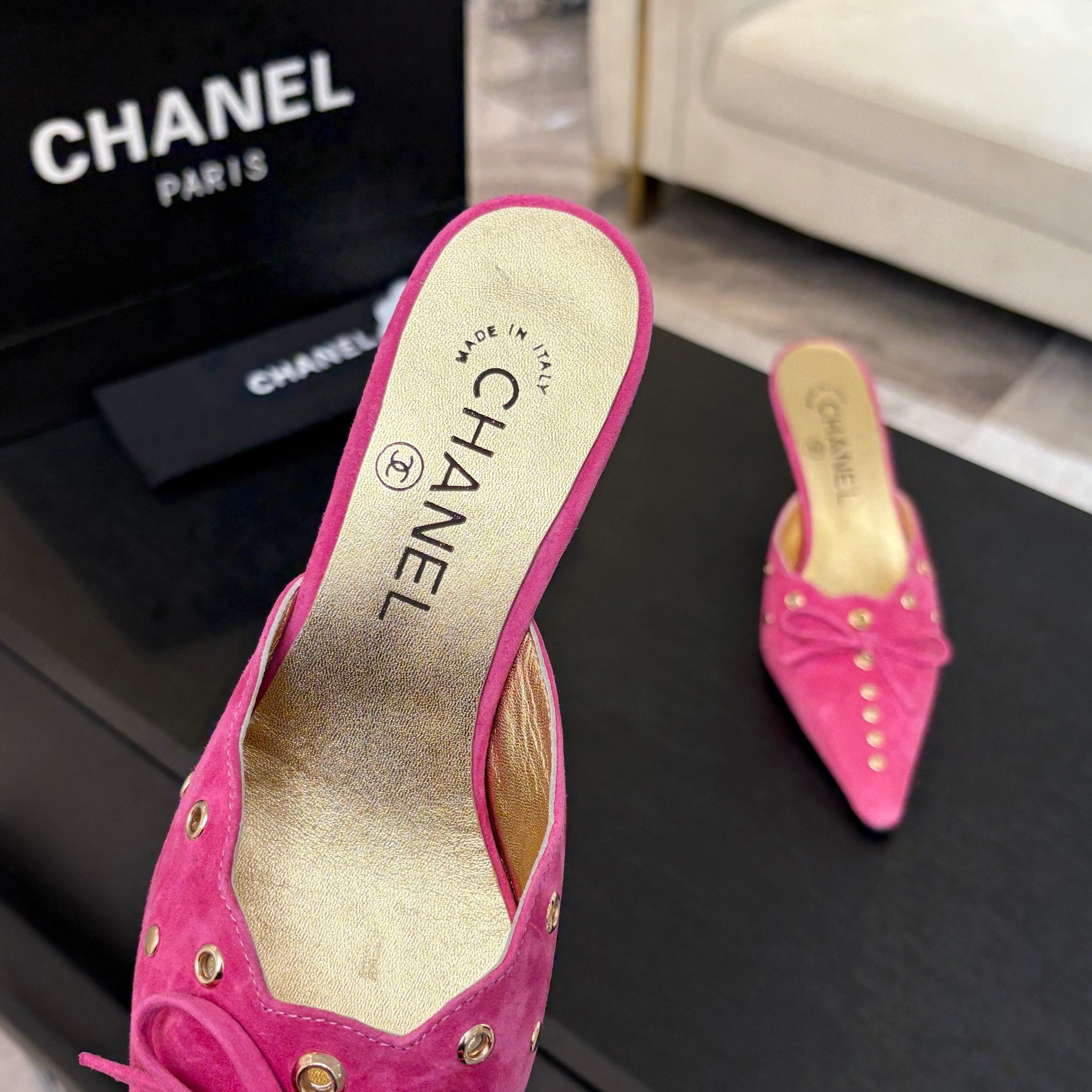 CHANEL HIGH HEEL MULE 65 MM IN DEEP PINK SUEDE