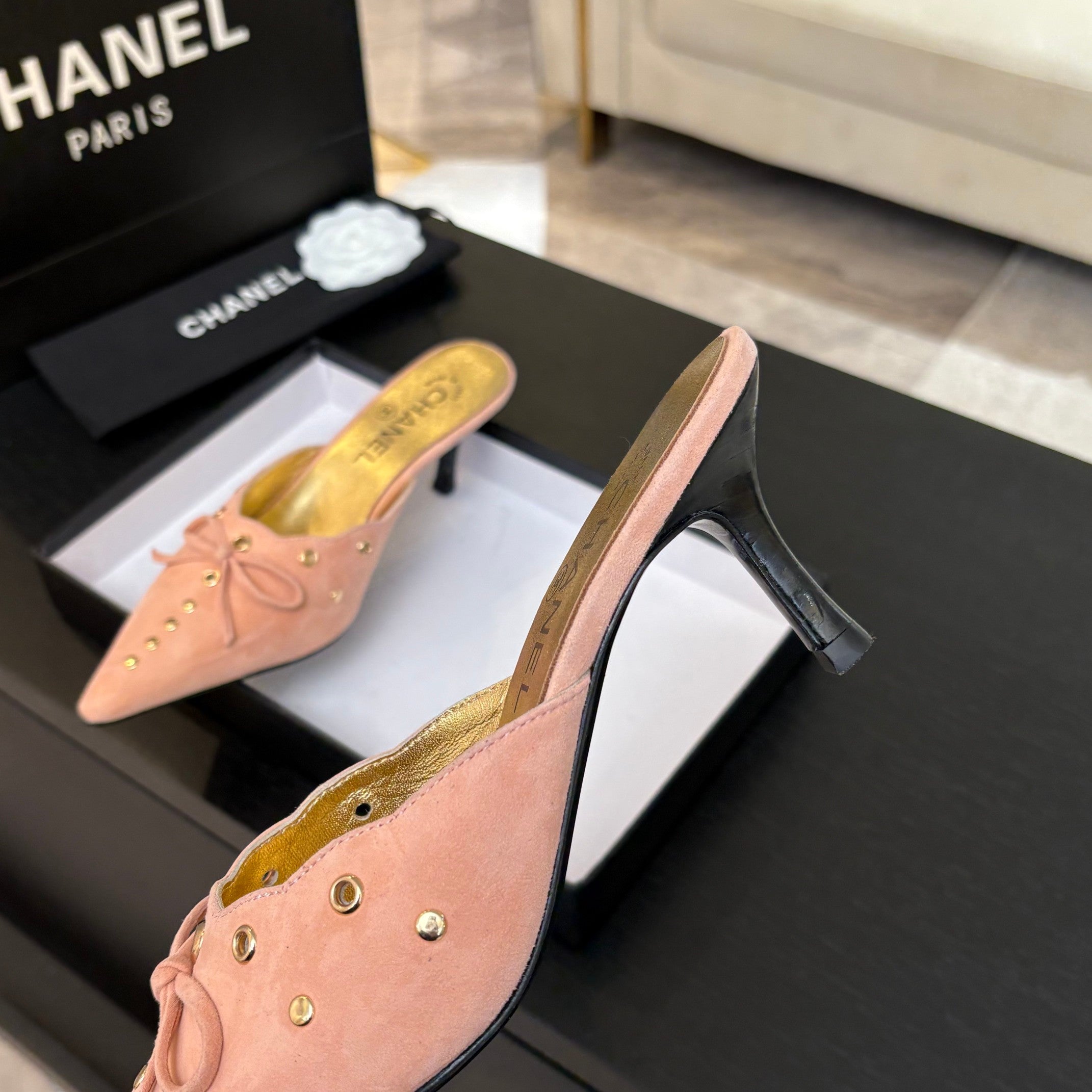 CHANEL HIGH HEEL MULE 65 MM IN LIGHT PINK SUEDE