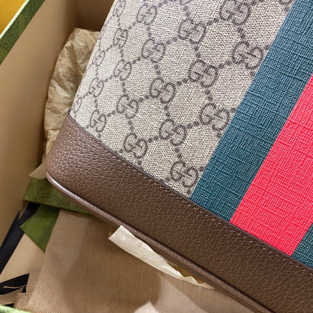 GUCCI OPHIDIA SMALL 25 TOTE IN BEIGE AND EBONY CANVAS