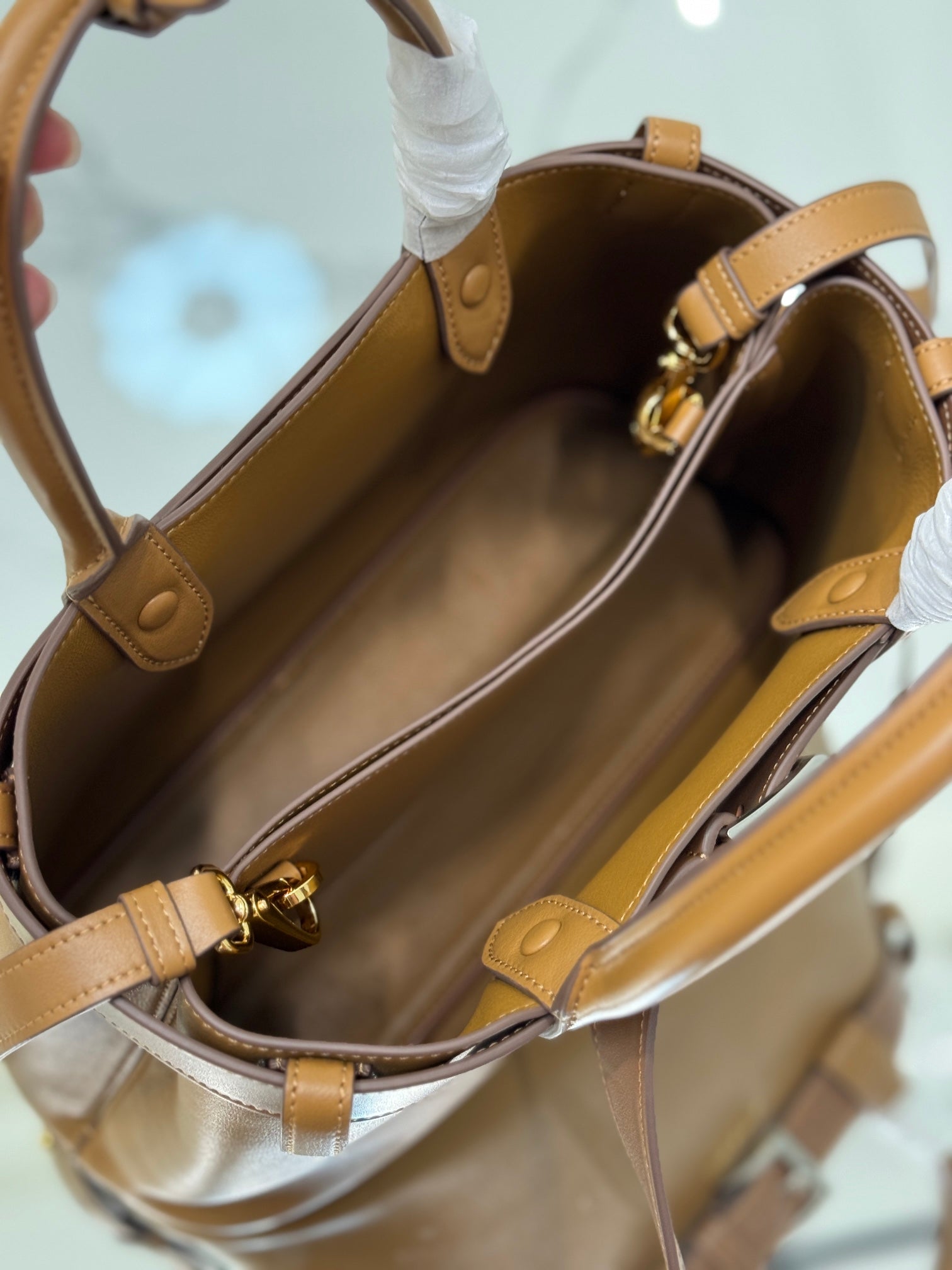 PRADA TOTE BAG WITH BELT 32 IN CIDER BROWN IMPORTED CALFSKIN