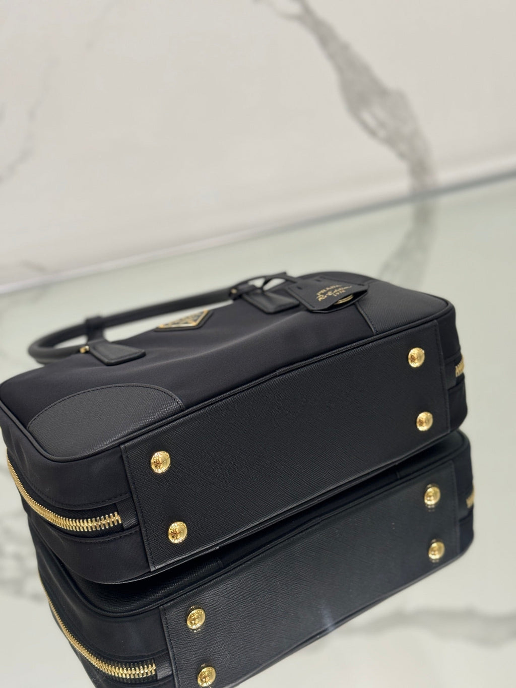 PRADA MEDIUM TOP HANDLE BAG 30 IN BLACK NYLON AND CALFSKIN TRIM