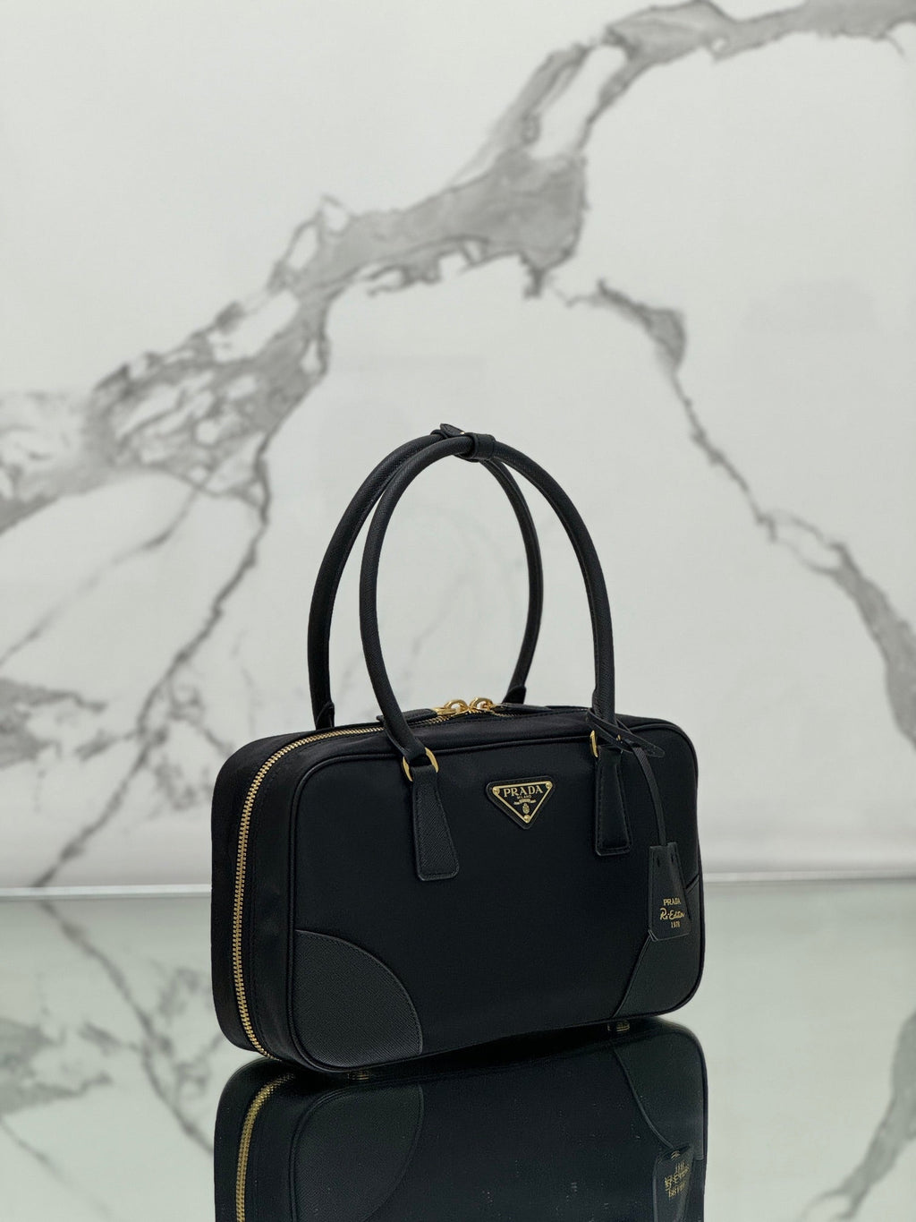 PRADA MEDIUM TOP HANDLE BAG 30 IN BLACK NYLON AND CALFSKIN TRIM