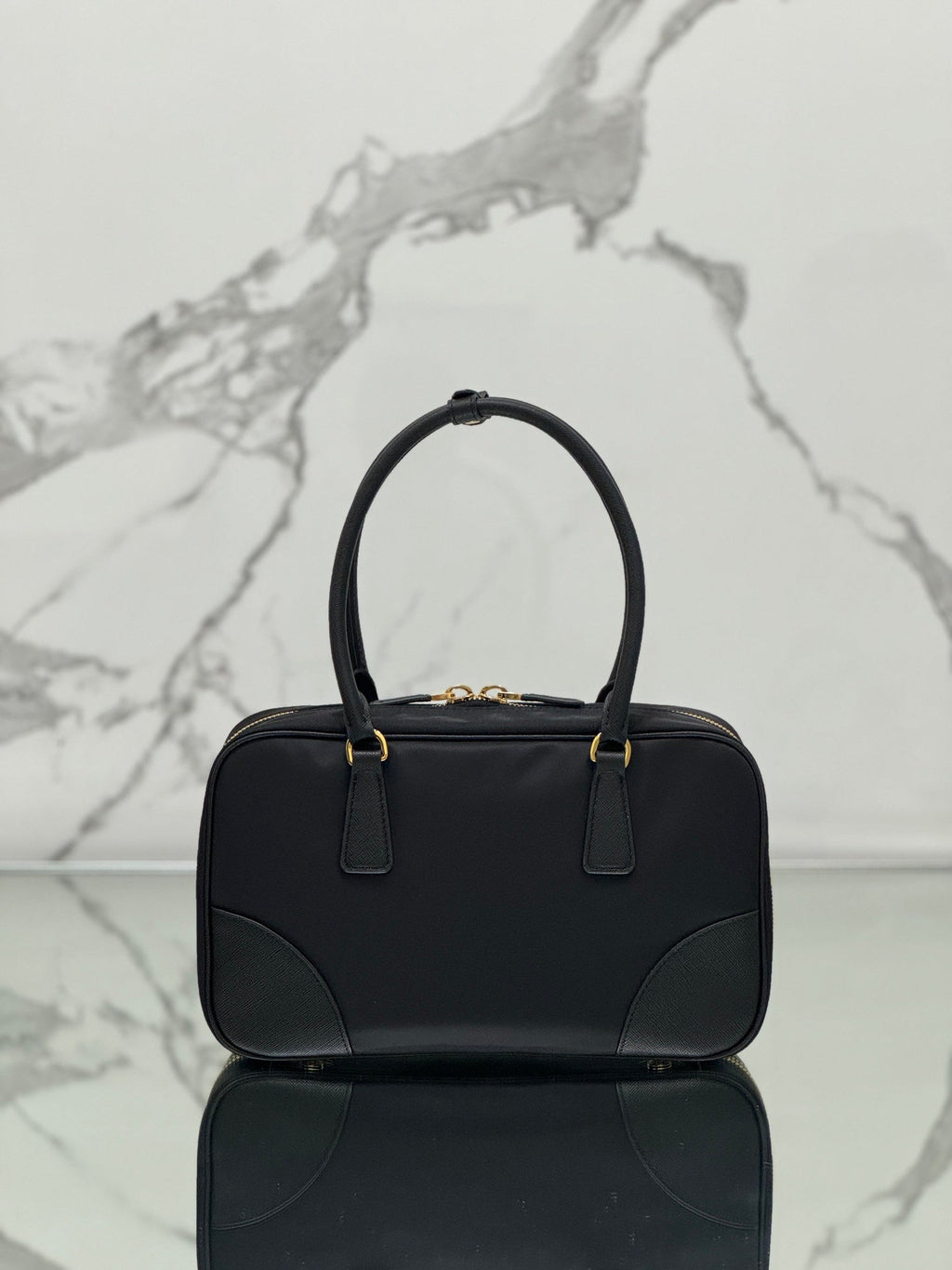 PRADA MEDIUM TOP HANDLE BAG 30 IN BLACK NYLON AND CALFSKIN TRIM