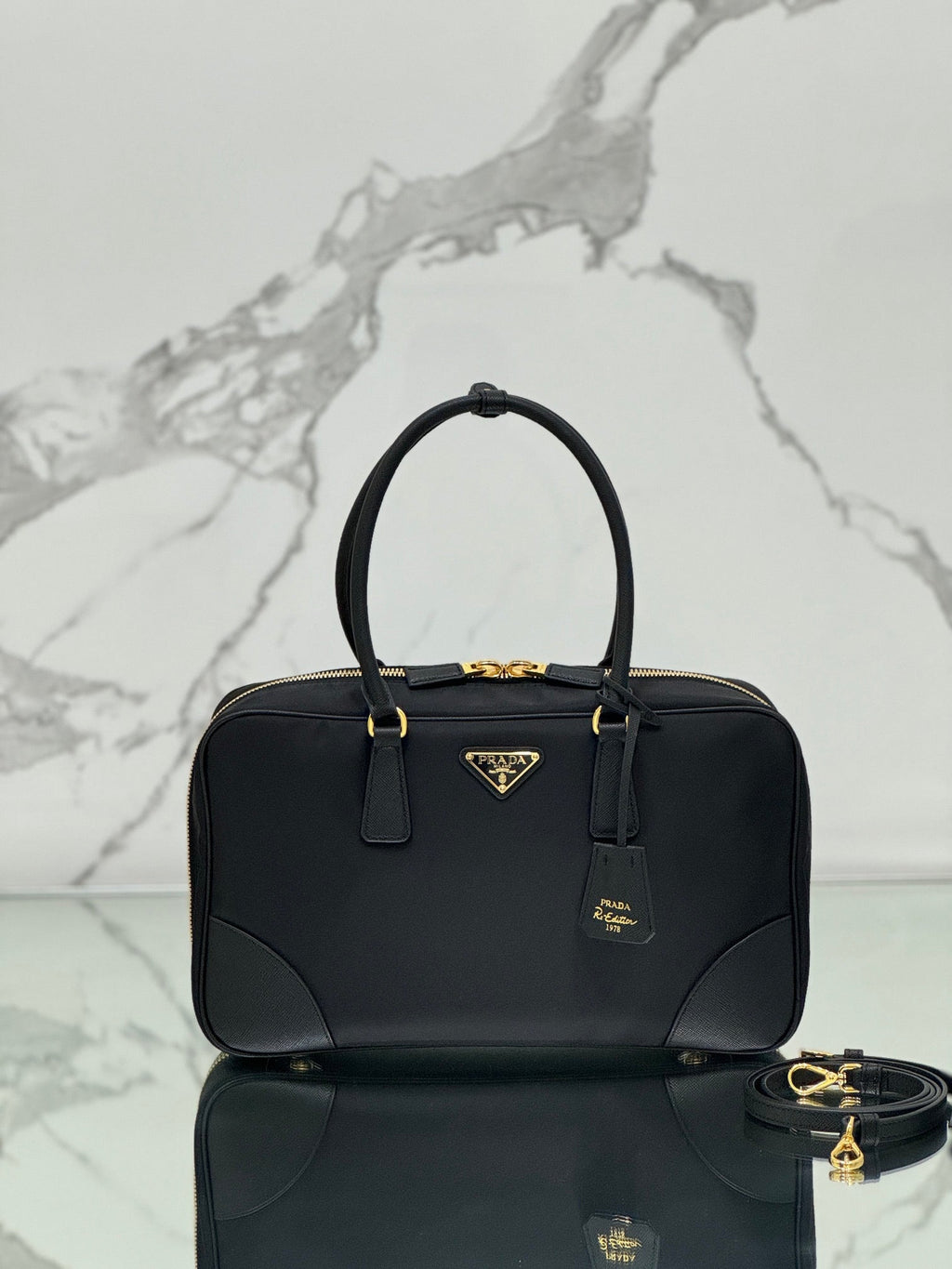 PRADA LARGE TOP HANDLE BAG 35 IN BLACK NYLON AND CALFSKIN TRIM