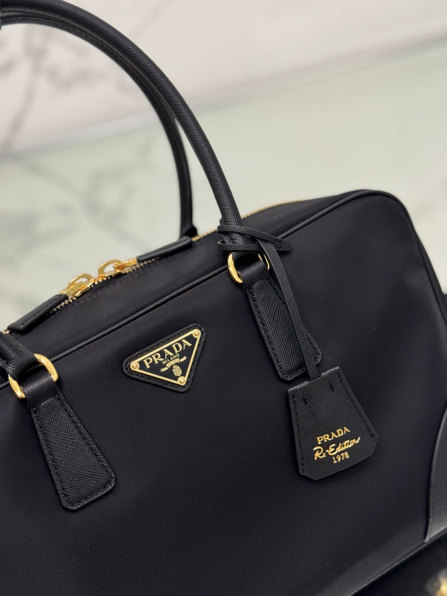 PRADA LARGE TOP HANDLE BAG 35 IN BLACK NYLON AND CALFSKIN TRIM