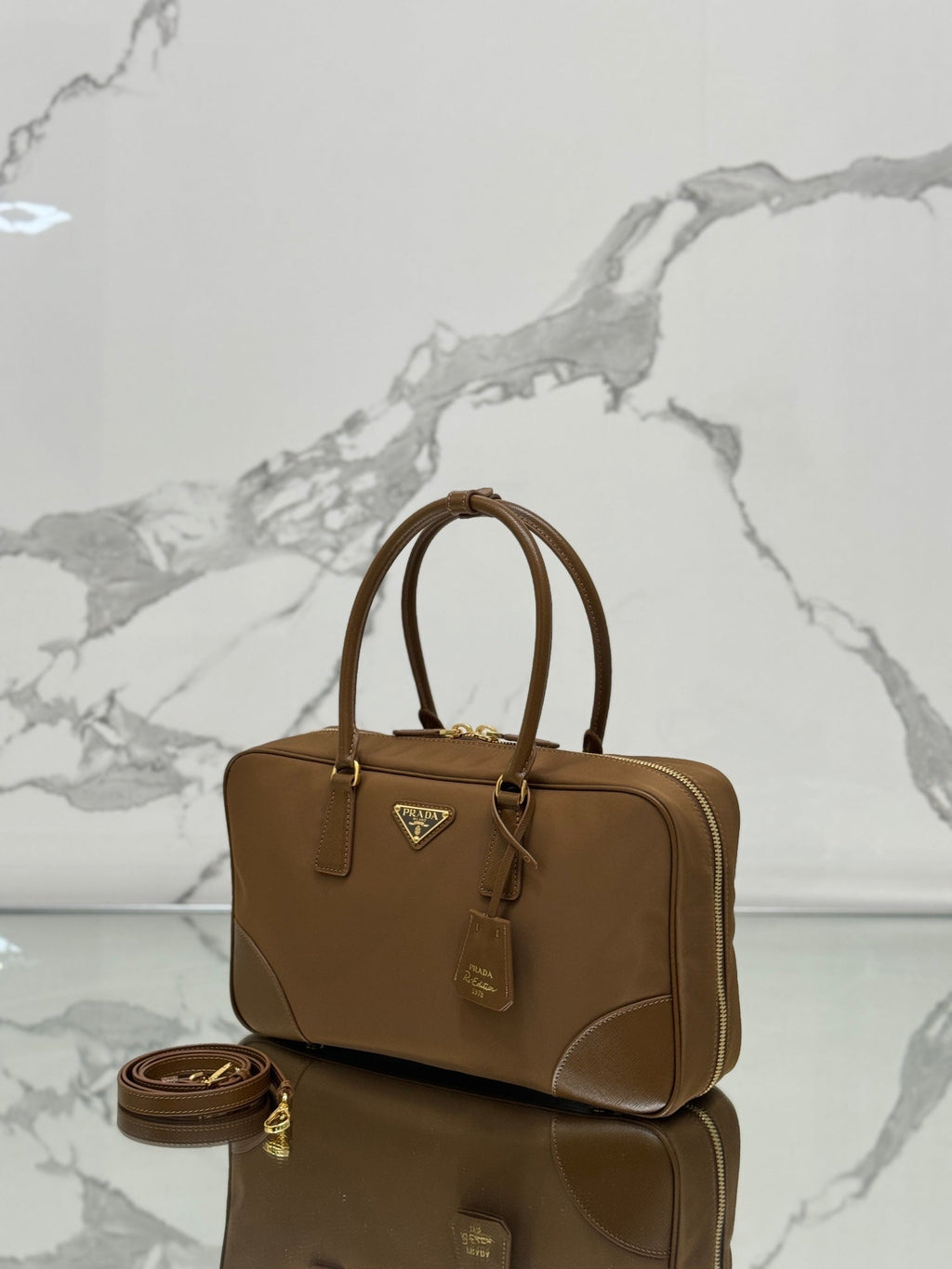 PRADA LARGE TOP HANDLE BAG 35 IN CHERRY WOOD NYLON AND CALFSKIN TRIM