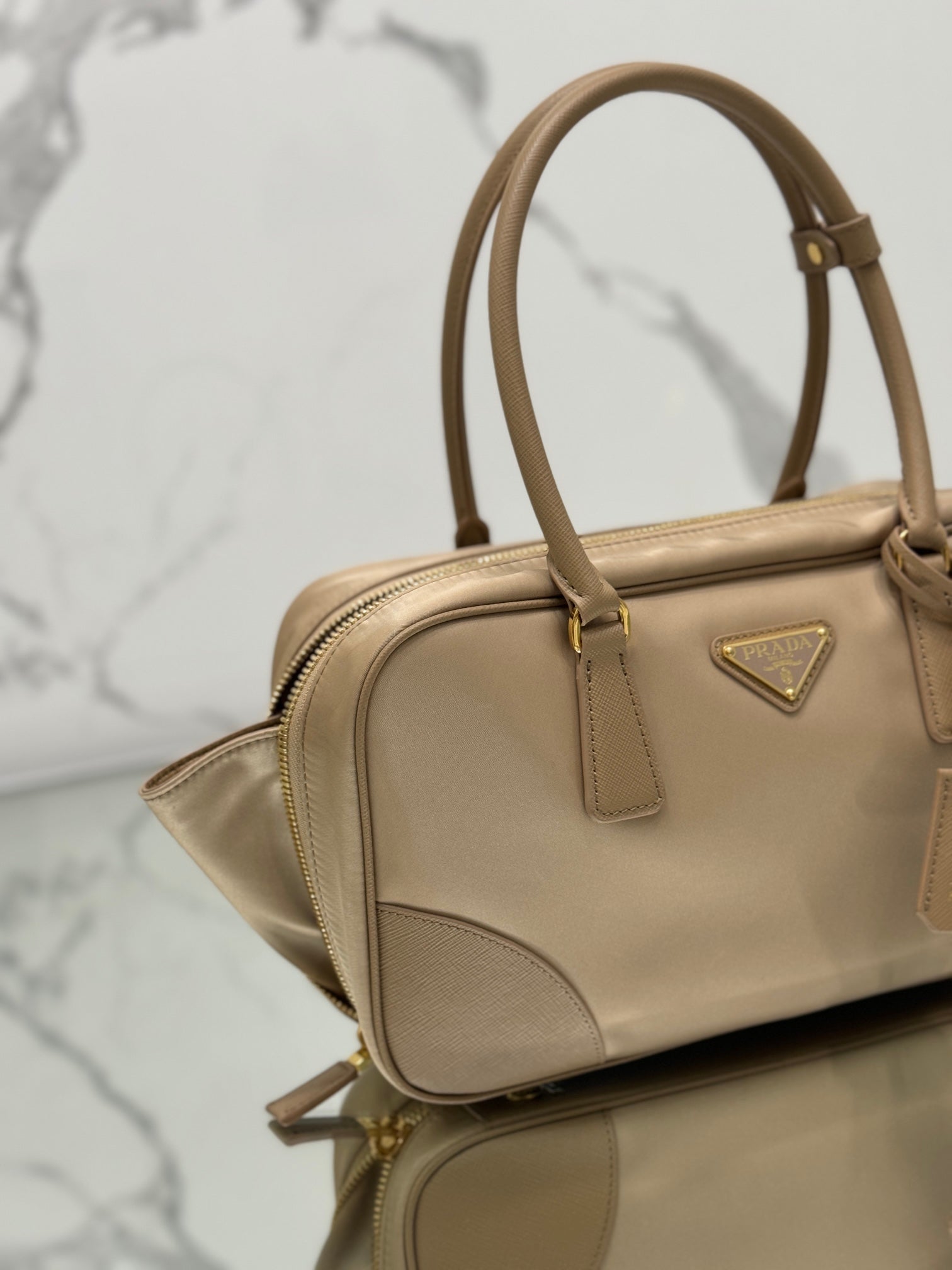 PRADA MEDIUM TOP HANDLE BAG 30 IN DRIED MOSS NYLON AND CALFSKIN TRIM