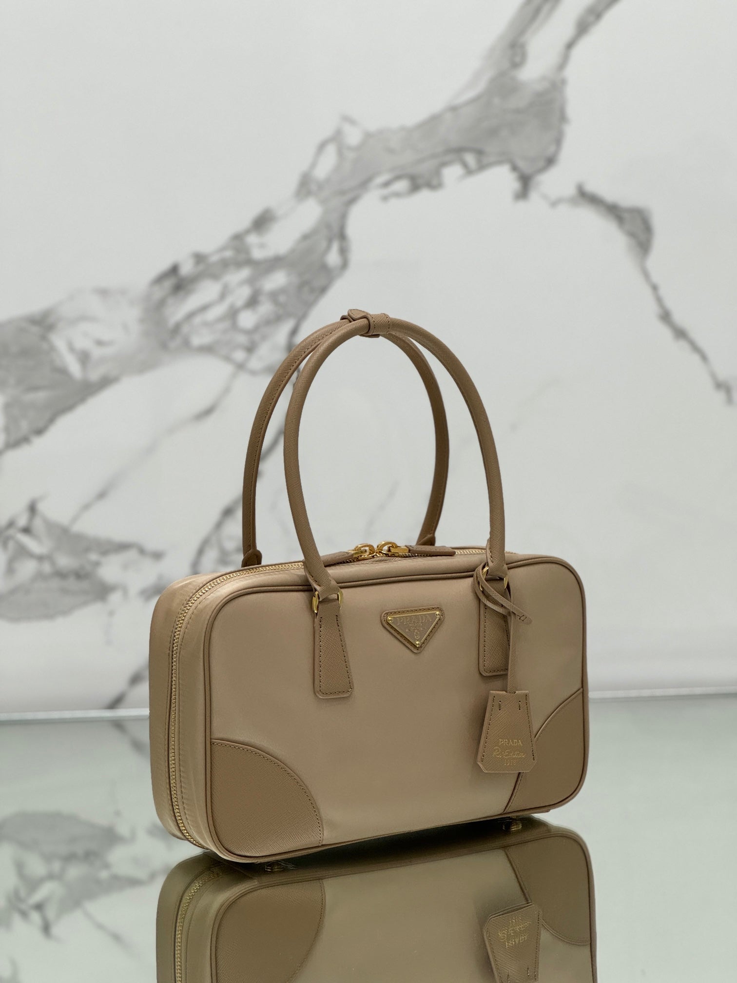 PRADA LARGE TOP HANDLE BAG 35 IN DRIED MOSS NYLON AND CALFSKIN TRIM