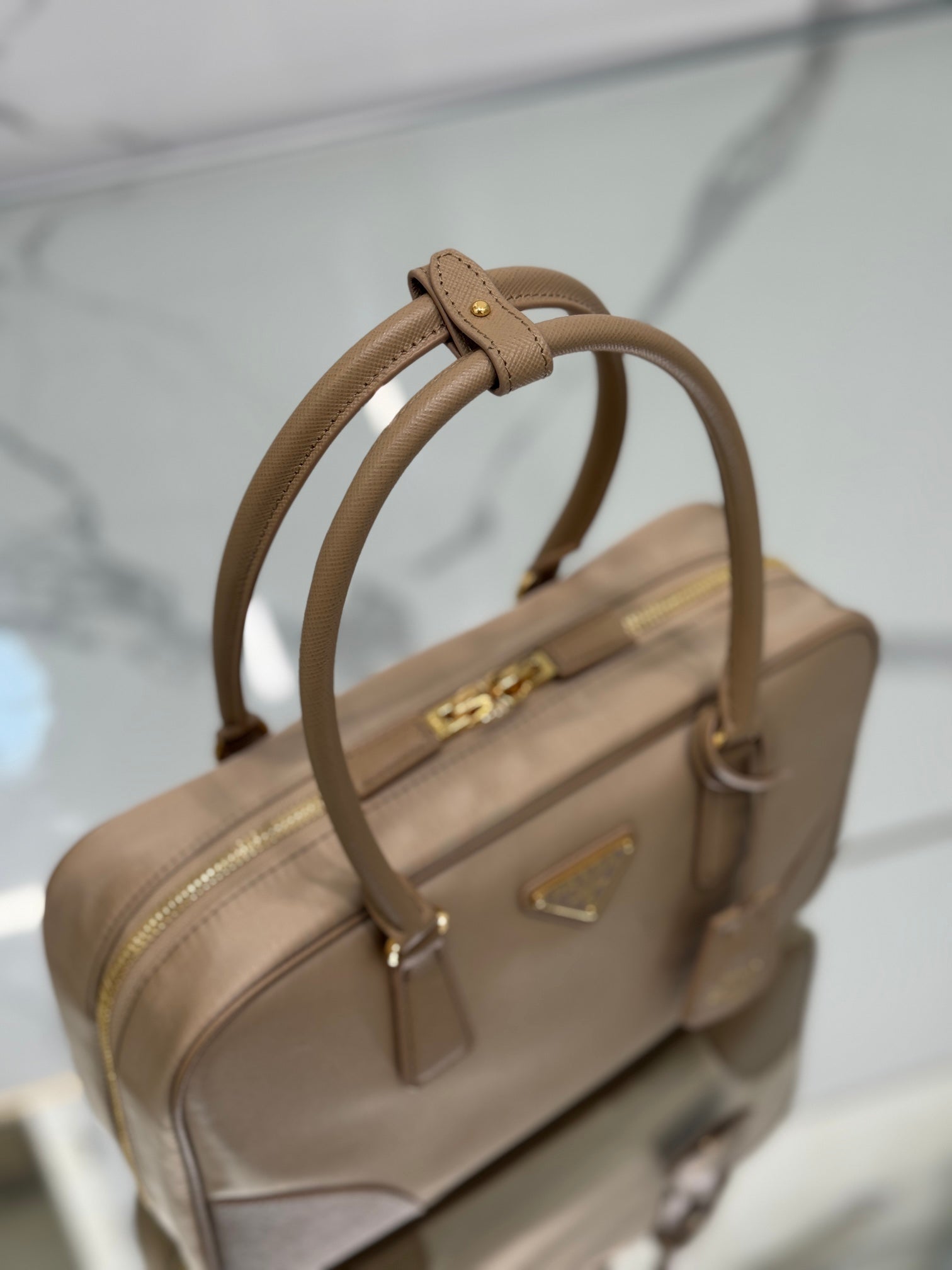 PRADA LARGE TOP HANDLE BAG 35 IN DRIED MOSS NYLON AND CALFSKIN TRIM