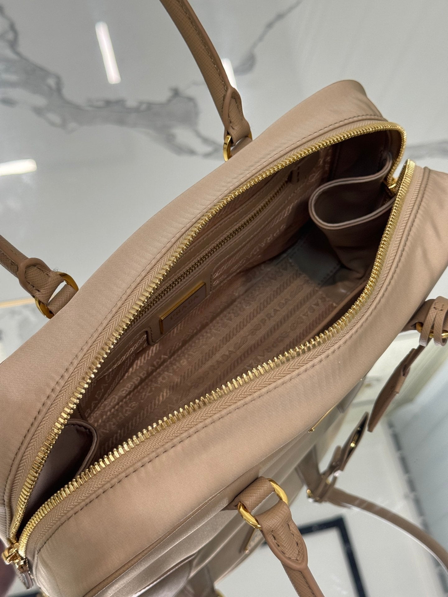 PRADA MEDIUM TOP HANDLE BAG 30 IN DRIED MOSS NYLON AND CALFSKIN TRIM