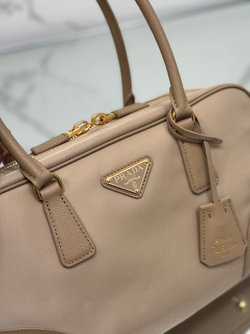 PRADA LARGE TOP HANDLE BAG 35 IN DRIED MOSS NYLON AND CALFSKIN TRIM