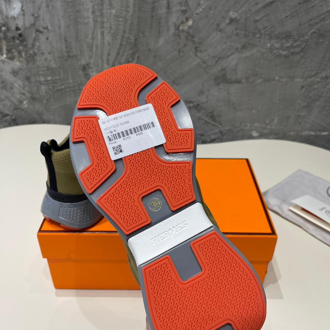 HERMES HEROS SNEAKERS OLIVE GOATSKIN