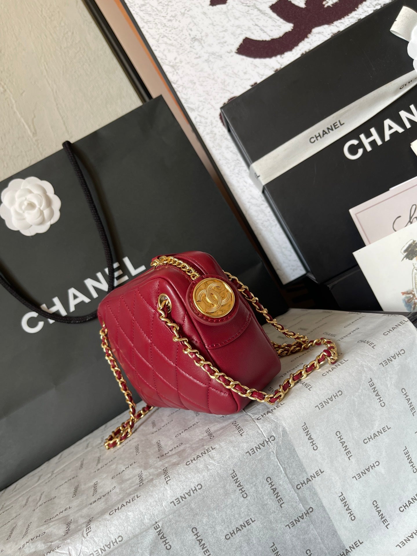 CHANEL CAMERA BAG 18 IN RED QUILTED LAMBSKIN DOUBLE C GOLD COIN
