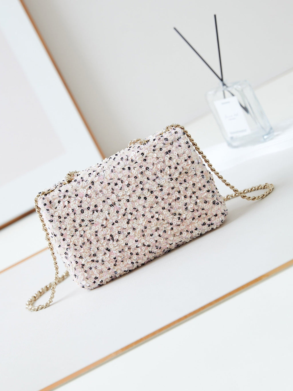 CHANEL 25S FLAP BAG 20 IN LIGHT PINK MIX BLACK SEQUINS