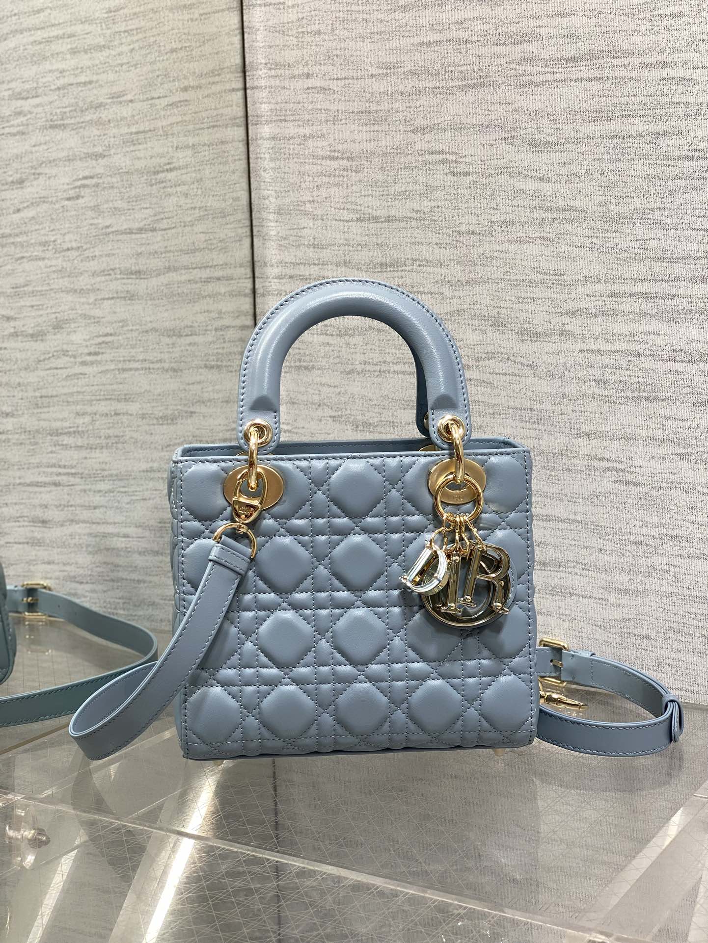 DIOR LADY MINI BAG 20 IN CERULEAN BLUE LAMBSKIN