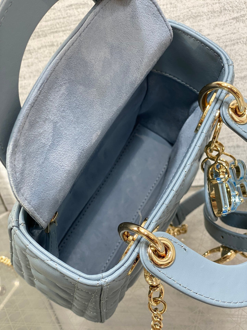DIOR LADY MINI BAG 17 IN CERULEAN BLUE LAMBSKIN