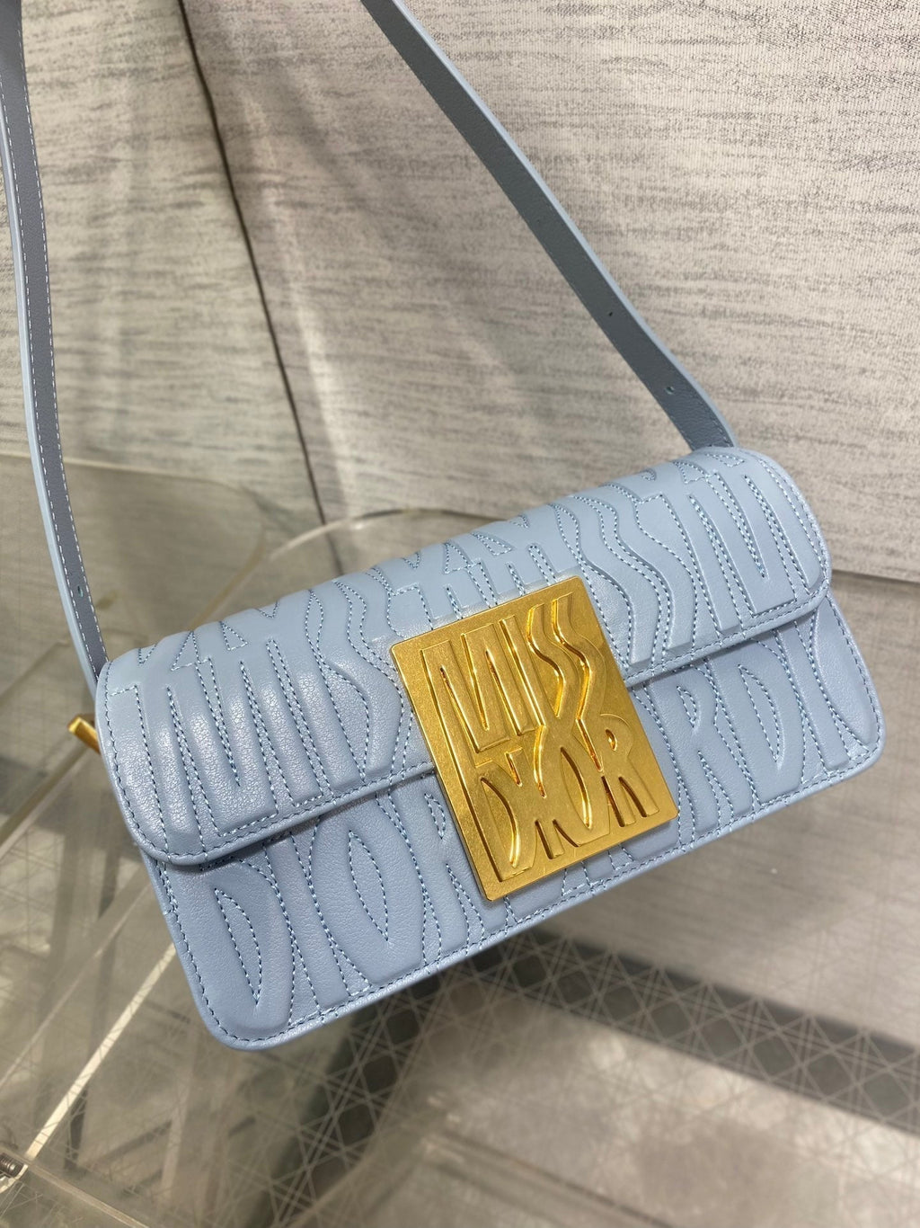 DIOR FLAP BAG 18 IN BABY BLUE QUILTED ALLOVER CALFSKIN