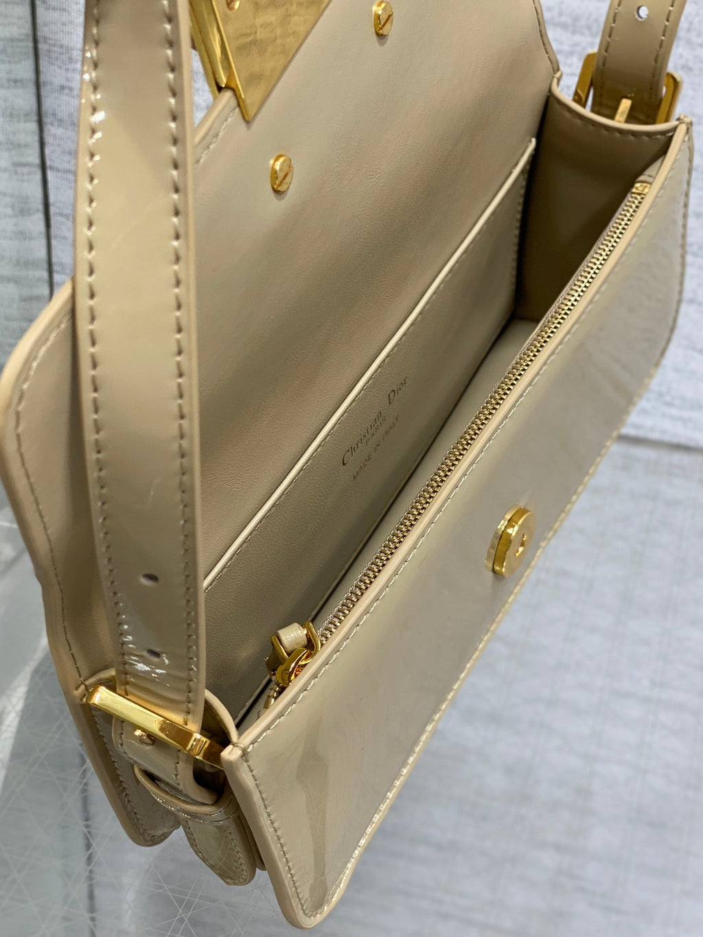 DIOR FLAP BAG 18 IN WHEAT TAN PATENT CALFSKIN