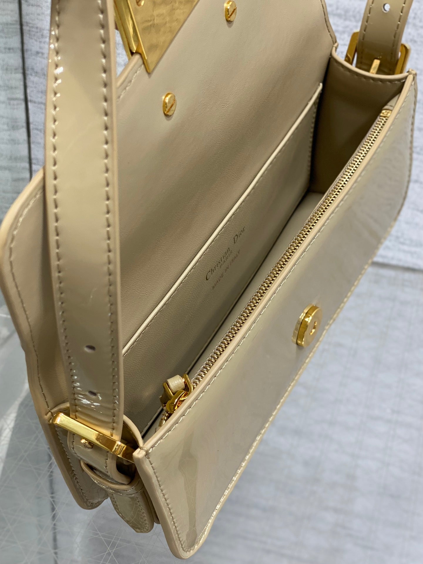 DIOR FLAP BAG 18 IN WHEAT TAN PATENT CALFSKIN
