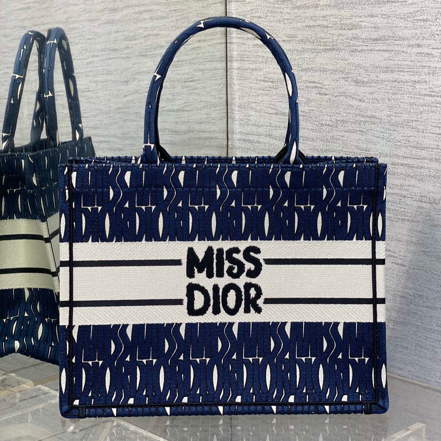 DIOR MISS MEDIUM TOTE 36 IN WHITE MIX DEEP COVE BLUE CANVAS