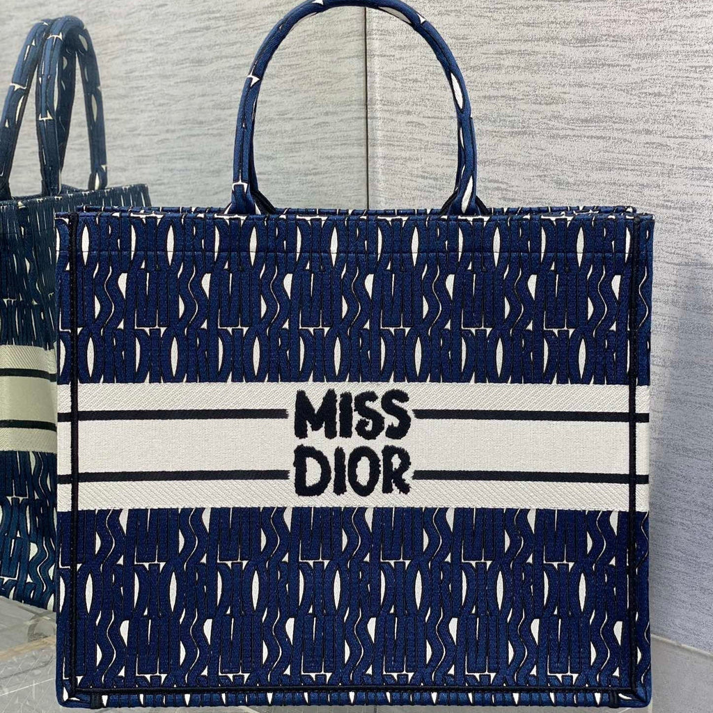 DIOR MISS LARGE TOTE 42 IN WHITE MIX DEEP COVE BLUE CANVAS