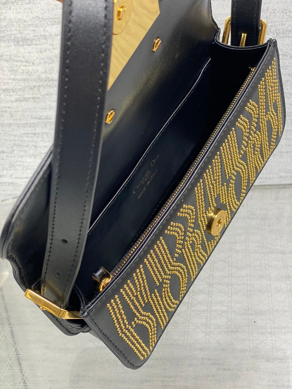 DIOR MINI FLAP BAG 18 IN BLACK LAMBSKIN WITH GOLD RHINSTONES
