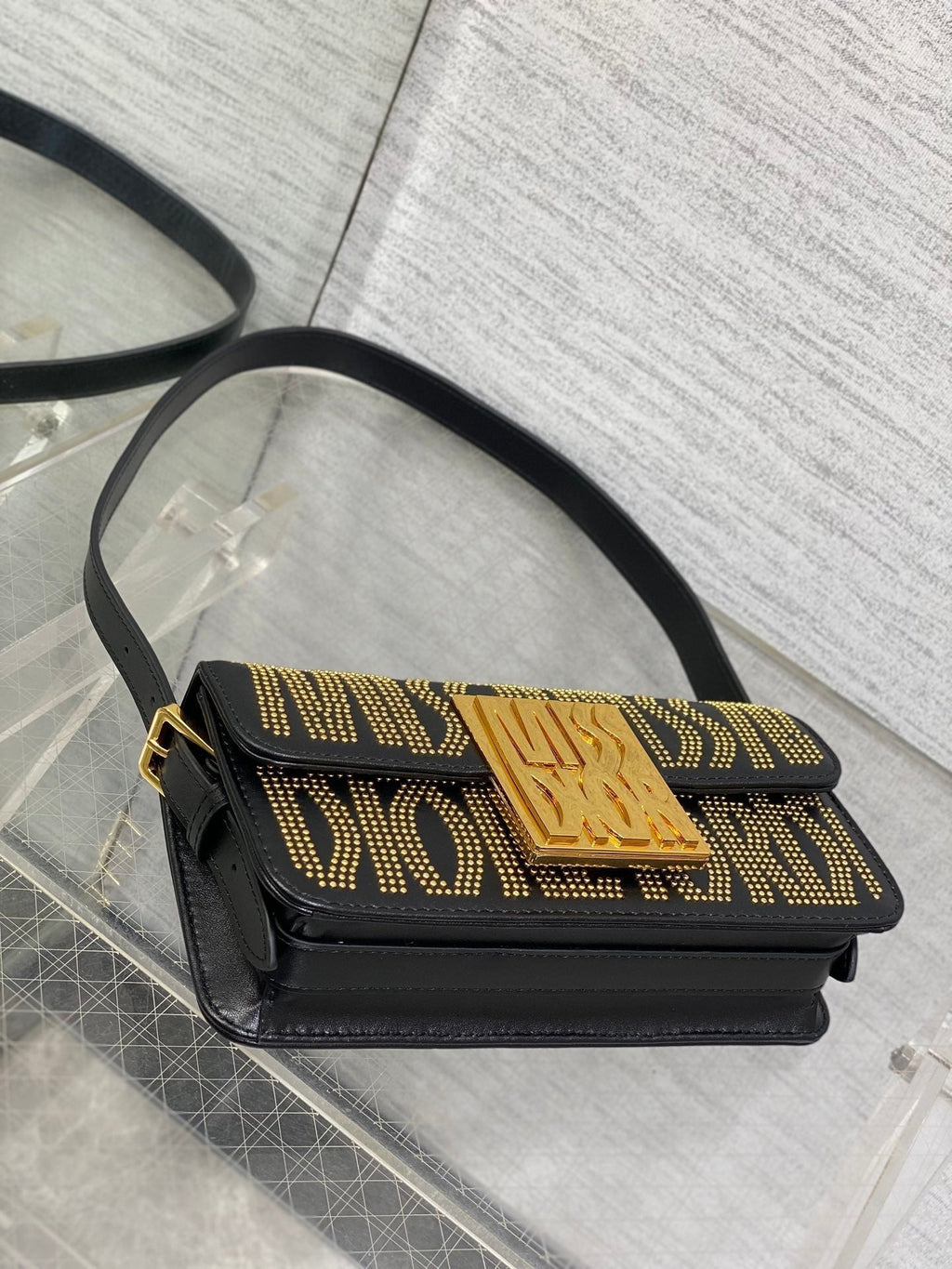 DIOR MINI FLAP BAG 18 IN BLACK LAMBSKIN WITH GOLD RHINSTONES