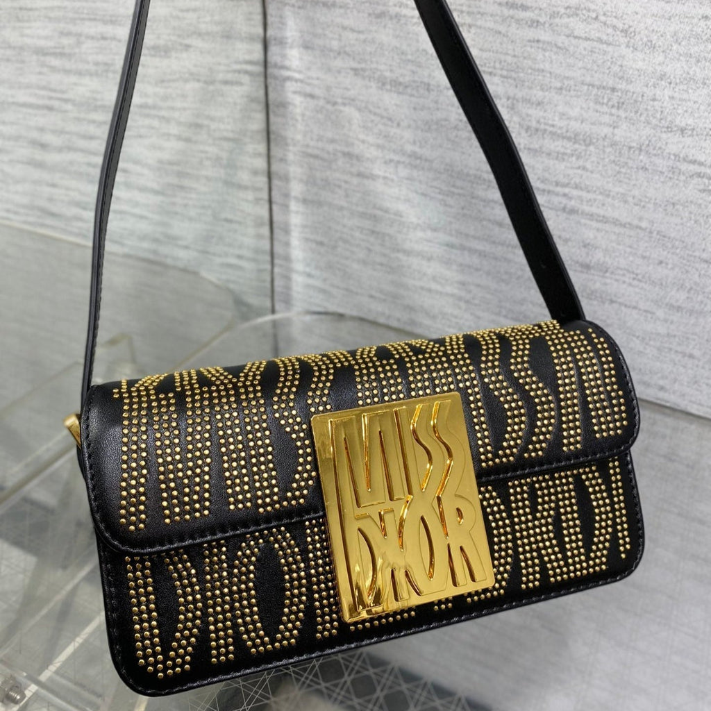 DIOR MINI FLAP BAG 18 IN BLACK LAMBSKIN WITH GOLD RHINSTONES
