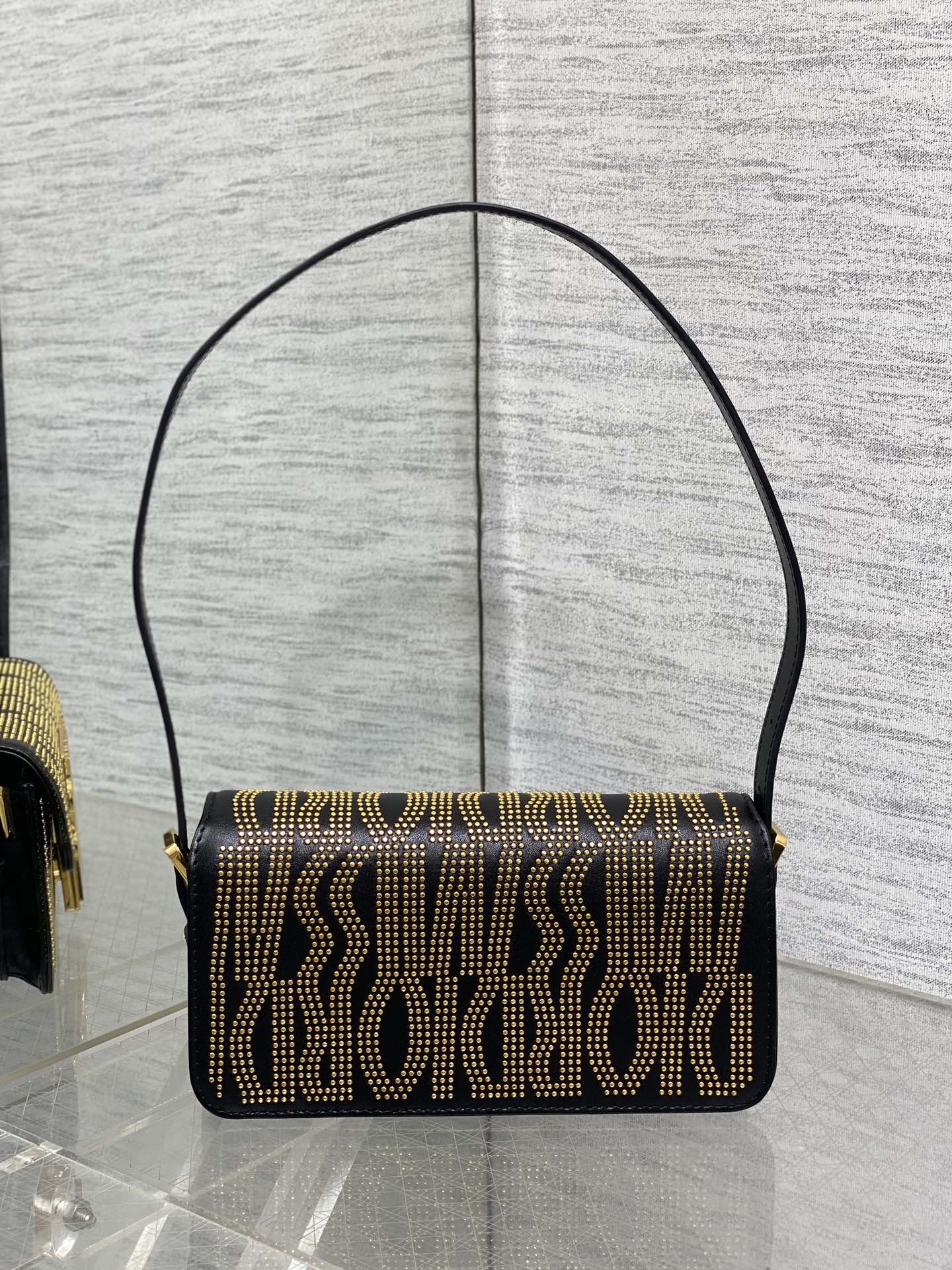 DIOR MINI FLAP BAG 18 IN BLACK LAMBSKIN WITH GOLD RHINSTONES