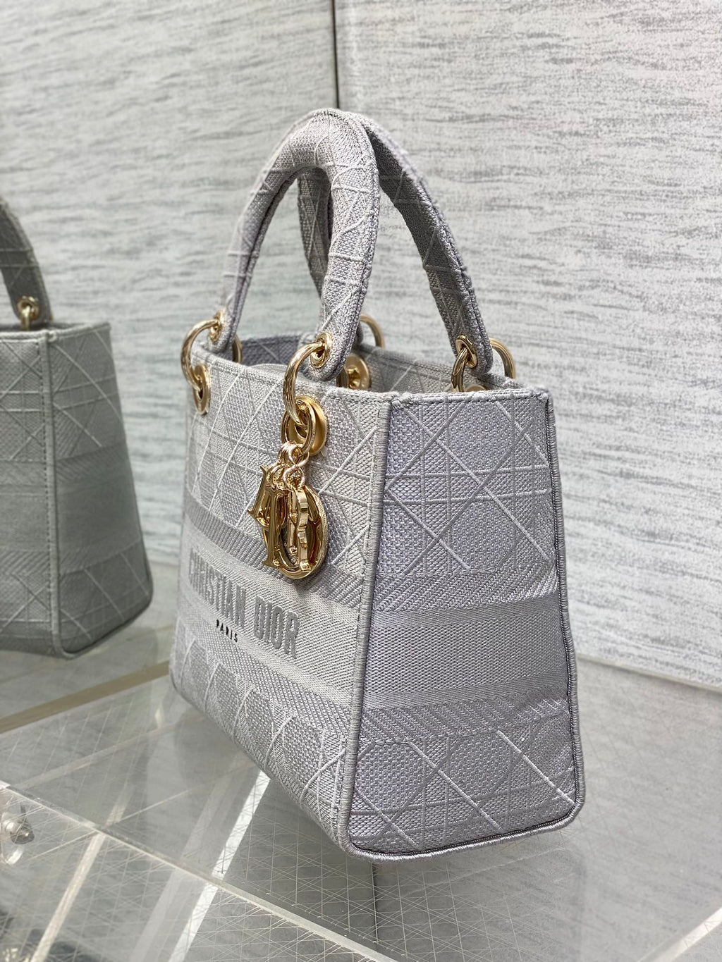 DIOR SMALL 24 LADY BAG IN PALE GRAY CANVAS