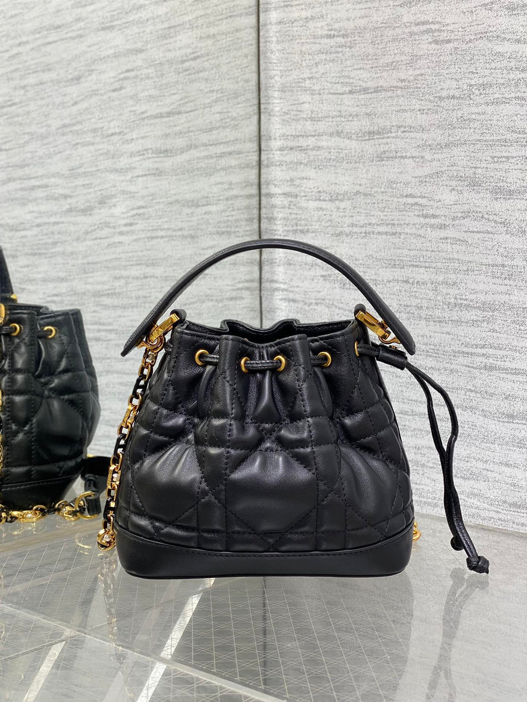 DIOR SMALL 18 JOLIE BUCKET BAG BLACK MACROCANNAGE LAMBSKIN