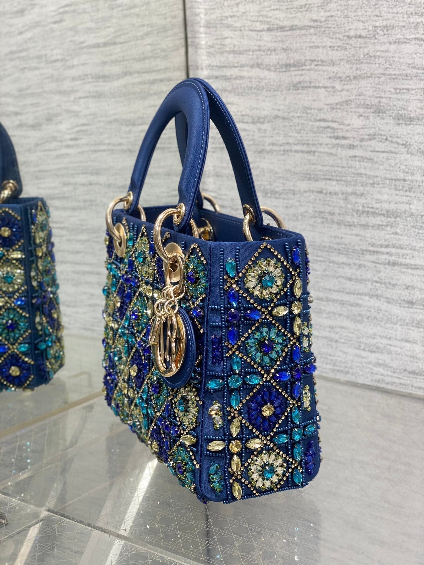 DIOR MINI 20 LADY BAG IN COBALT BLUE SATIN WITH COLORFUL EMBROIDERED BEADWORK