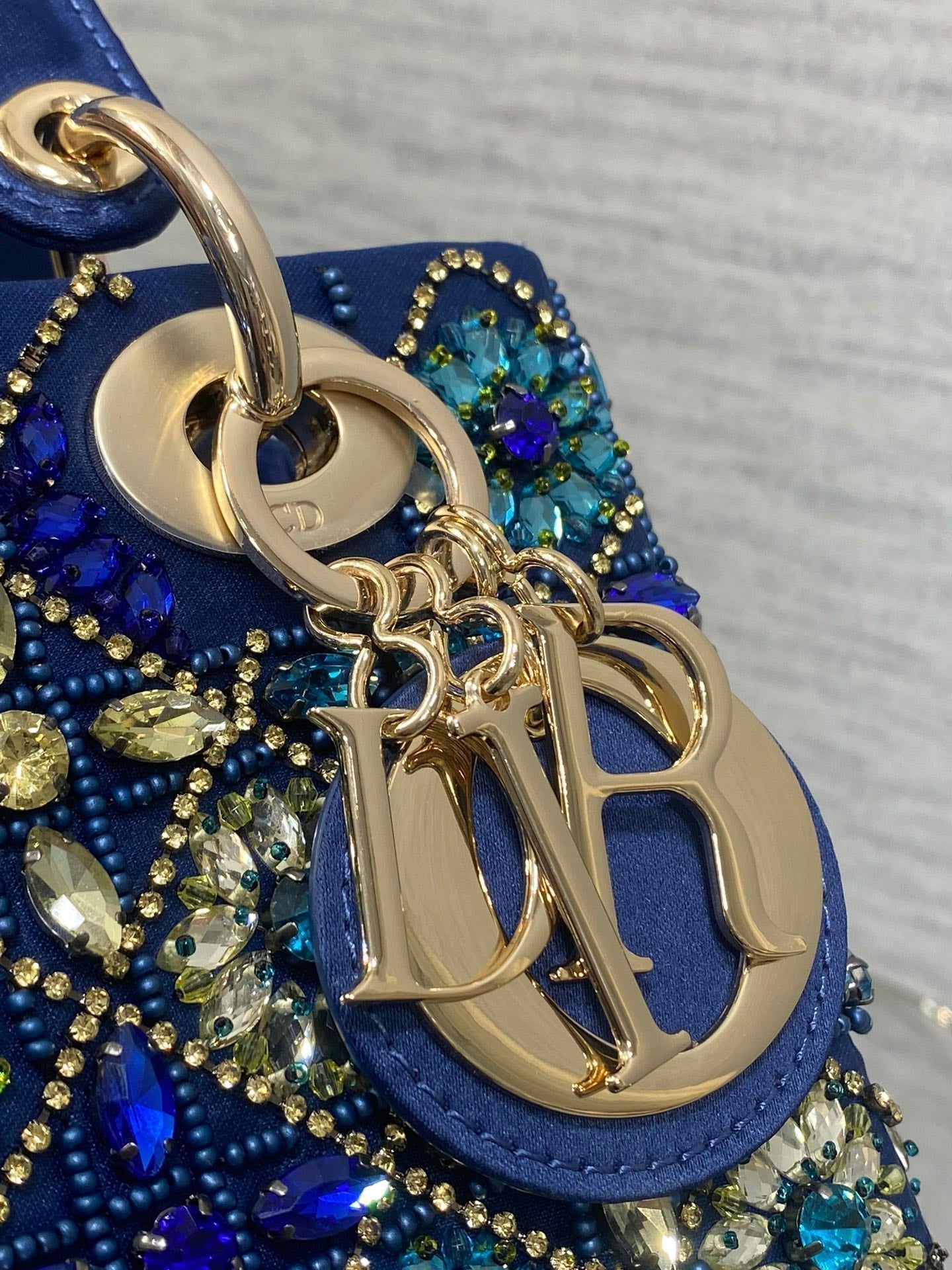 DIOR MINI 20 LADY BAG IN COBALT BLUE SATIN WITH COLORFUL EMBROIDERED BEADWORK