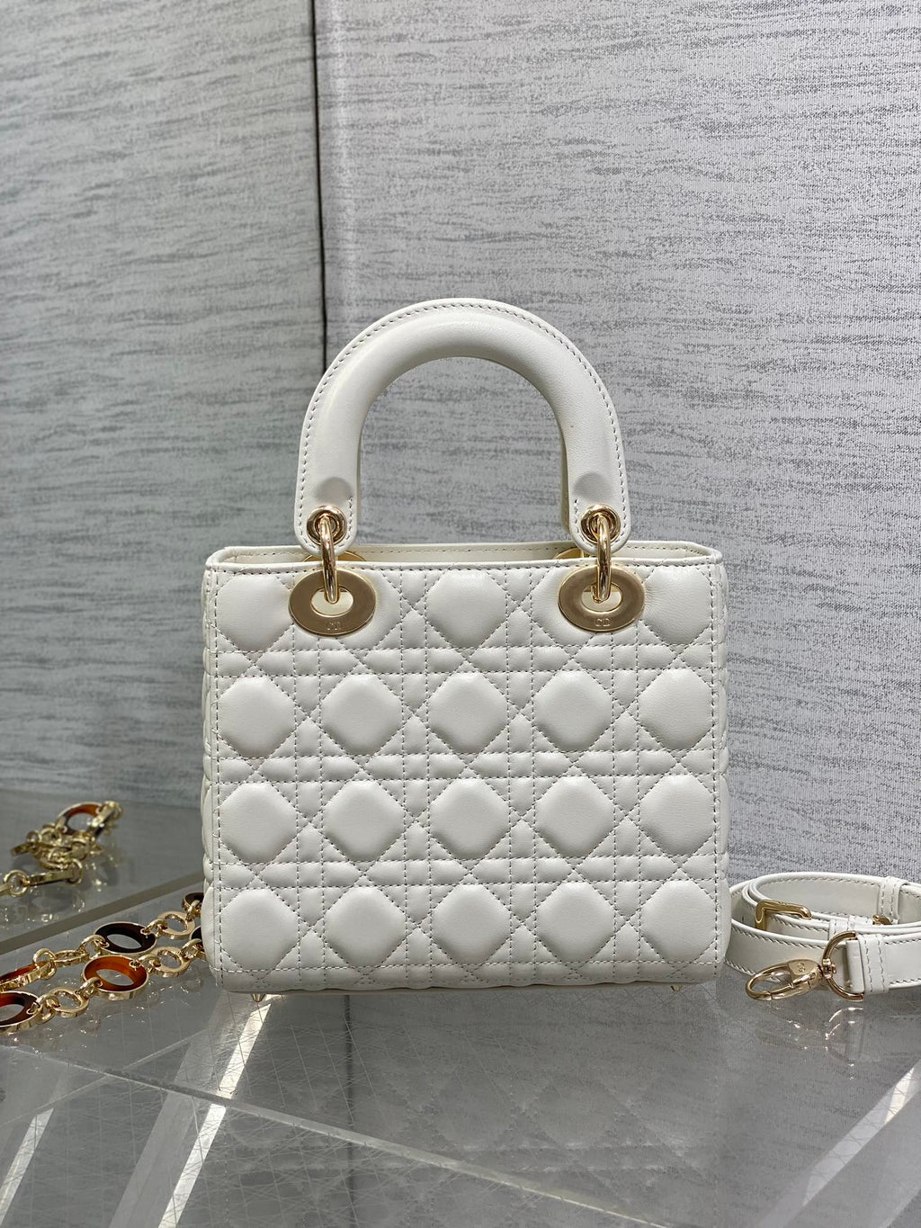 DIOR SMALL 20 LADY BAG IN WHITE MACROCANNAGE LAMBSKIN WITH GOLD HARDWARE
