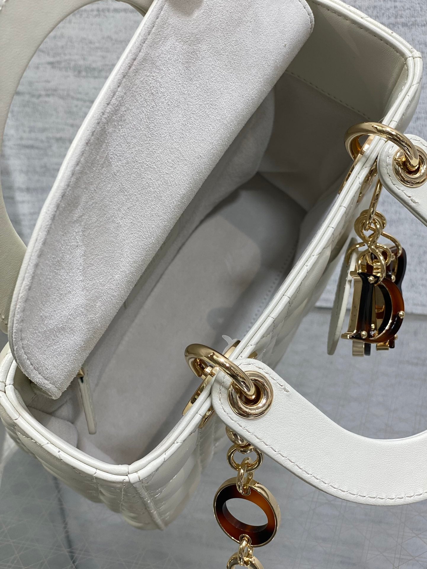 DIOR SMALL 20 LADY BAG IN WHITE MACROCANNAGE LAMBSKIN WITH GOLD HARDWARE