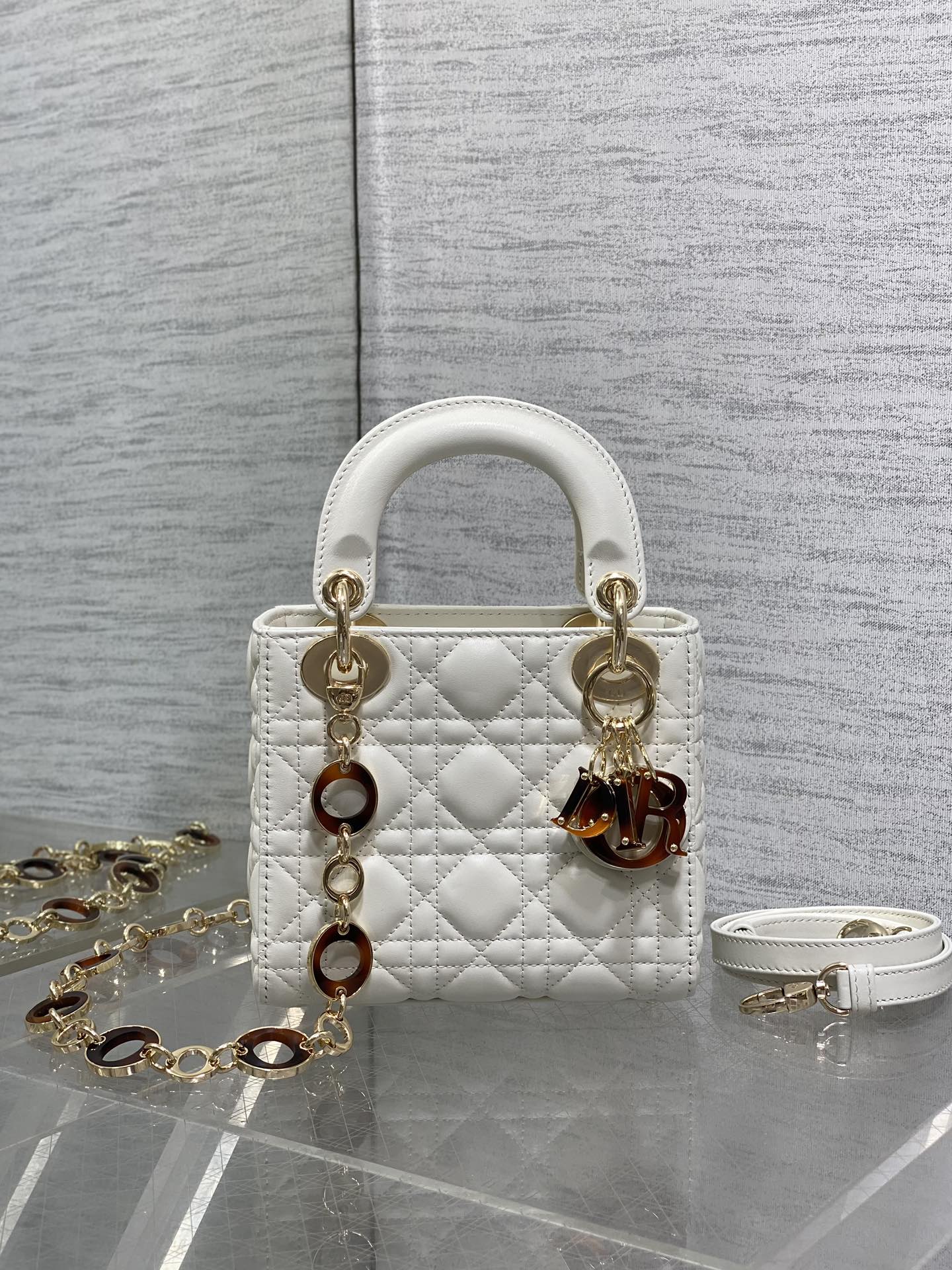 DIOR MINI 17 LADY BAG IN WHITE MACROCANNAGE LAMBSKIN WITH GOLD HARDWARE