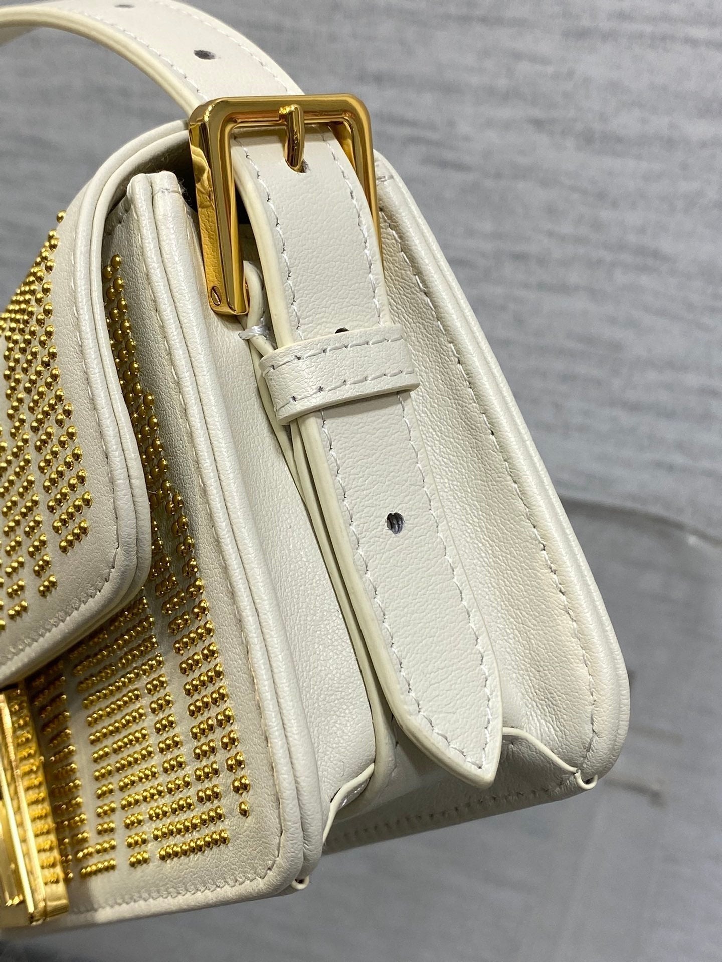 DIOR MINI 18 FLAP BAG IN WHITE LAMBSKIN WITH GOLD RHINSTONES