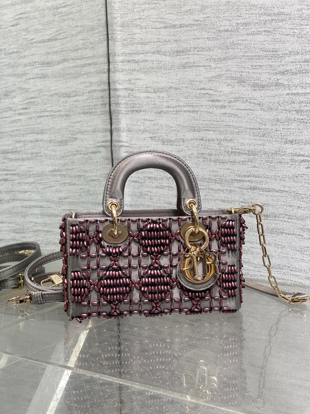 DIOR MINI LADY BAG 16 IN WENGE BROWN SATIN AND CALFSKIN WITH BEADED DESIGN