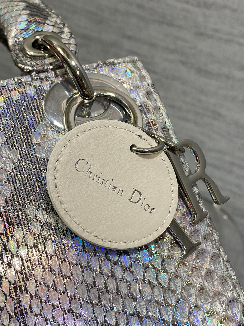 DIOR MINI 17 LADY BAG IN SILVER SNAKESKIN PATTERN LAMBSKIN