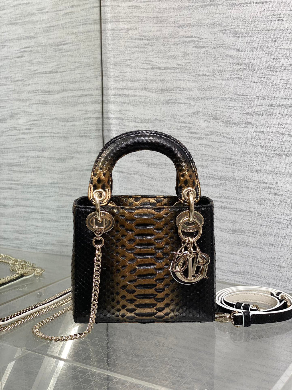 DIOR MINI 17 LADY BAG IN BLACK MIX COFFEE BROWN SNAKESKIN PATTERN LAMBSKIN