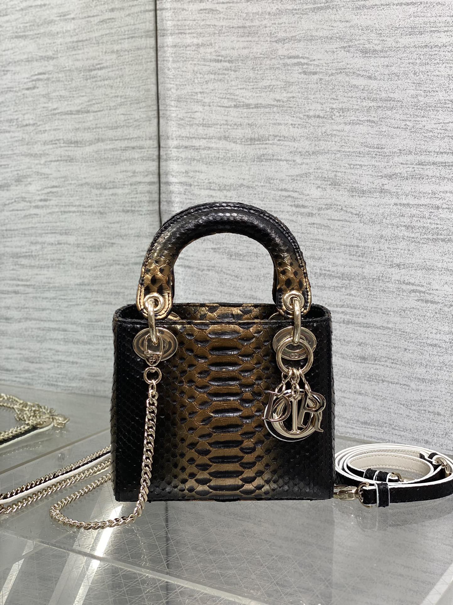 DIOR MINI 17 LADY BAG IN BLACK MIX COFFEE BROWN SNAKESKIN PATTERN LAMBSKIN