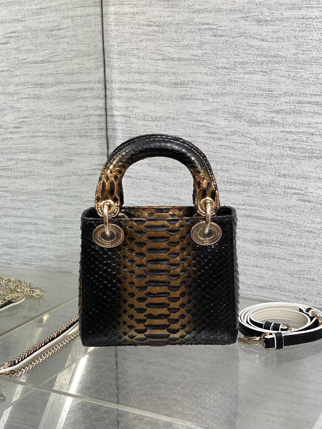 DIOR MINI 17 LADY BAG IN BLACK MIX COFFEE BROWN SNAKESKIN PATTERN LAMBSKIN
